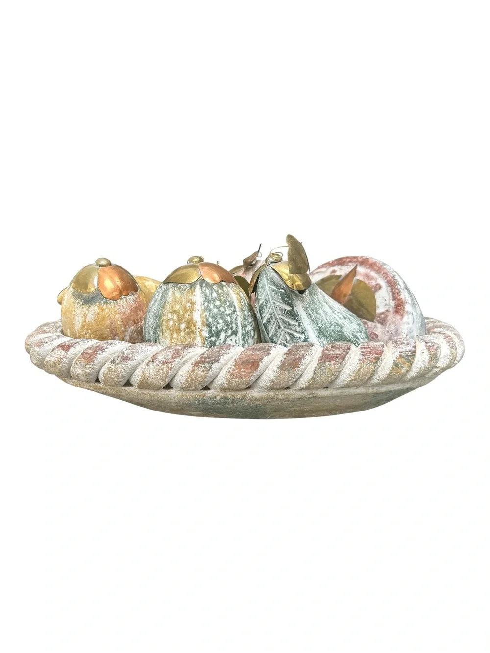 Vintage Handmade Terracotta Rope Bowl & Mixed Media Brass Fruit Set - 7 Pc